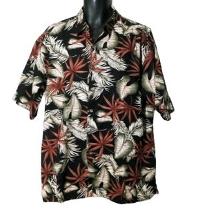 Island Connection Hawaiian Camp Shirt 2XL Black Tan Foliage Print Short Sleeve